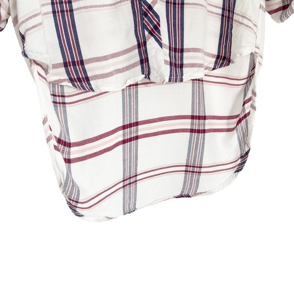 Design Lab Women’s Button Down Plaid Flannel Shirt high low white navy XS - Picture 2 of 6